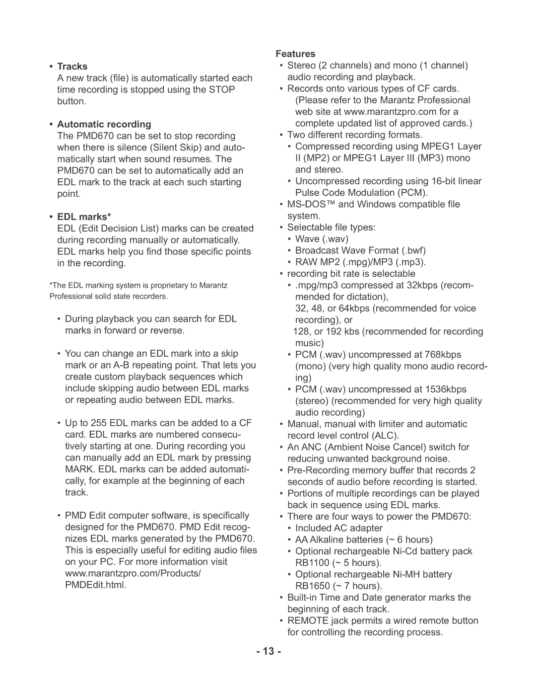 Marantz PMD670 manual Tracks, Automatic recording, EDL marks, Features 