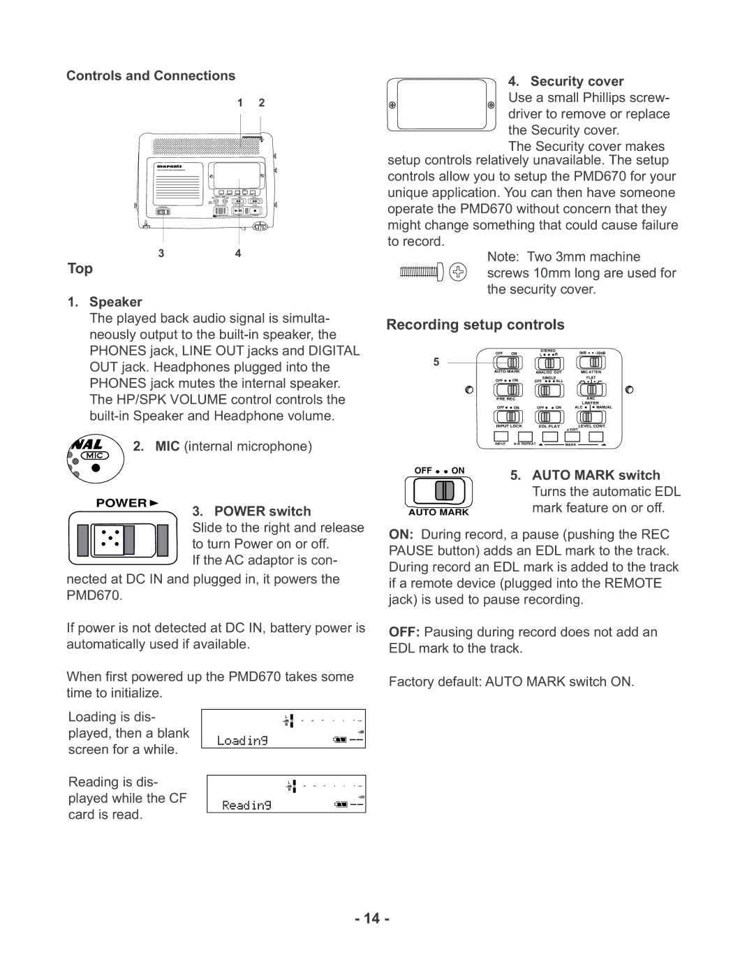 Marantz PMD670 Controls and Connections, Speaker, Power switch, Security cover, Auto Mark switch, Mark feature on or off 