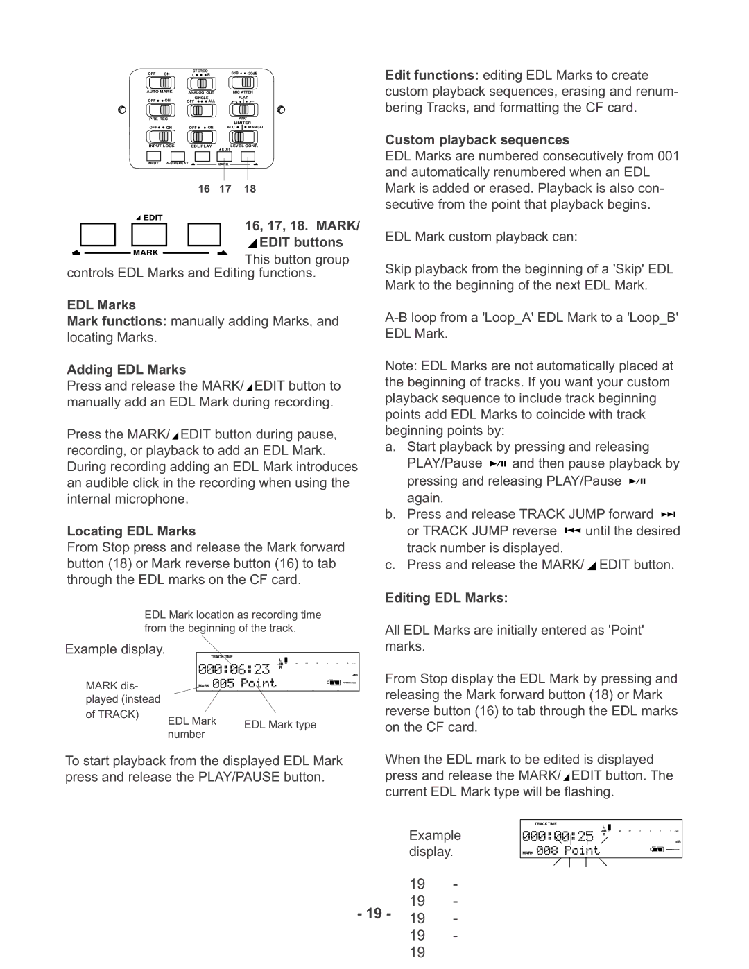 Marantz PMD670 manual Custom playback sequences, 16, 17, 18. MARK/ Edit buttons, Adding EDL Marks, Locating EDL Marks 