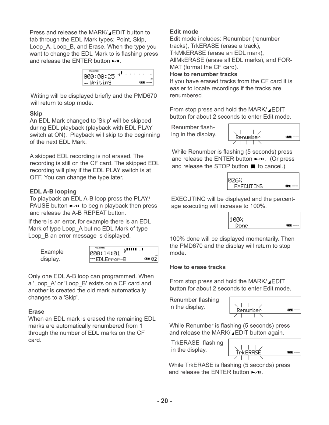 Marantz PMD670 manual Skip, Edit mode, How to renumber tracks, EDL A-B looping, Erase, How to erase tracks 