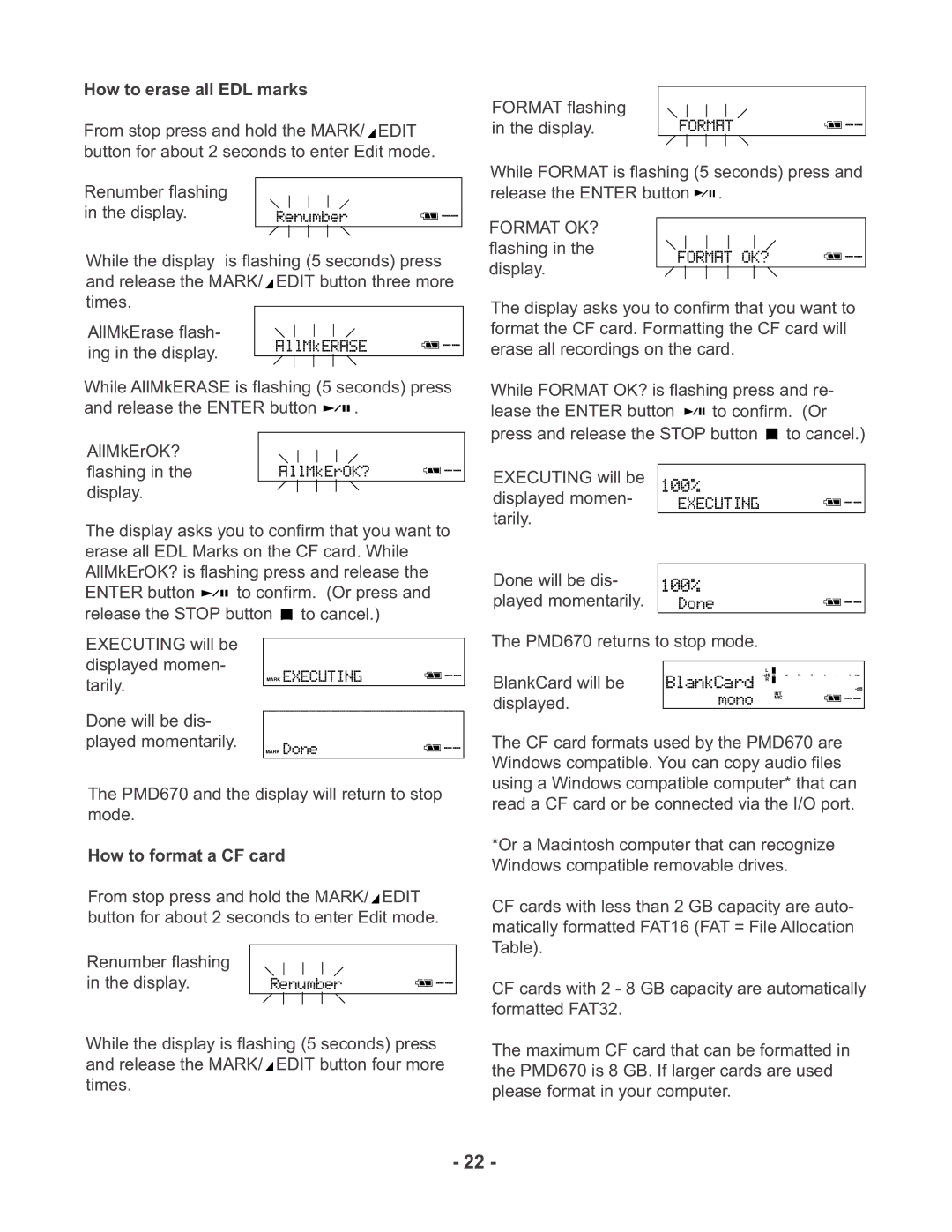 Marantz PMD670 manual How to erase all EDL marks, BlankCard will be, Displayed, How to format a CF card 