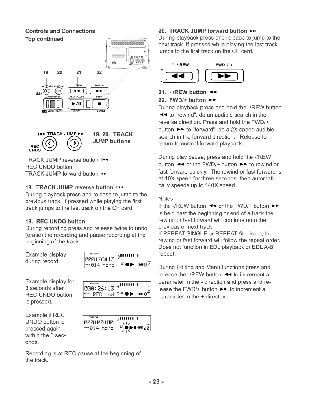 Marantz PMD670 manual Controls and Connections Top, 19, 20. Track, Jump buttons, Track Jump reverse button, REC Undo button 