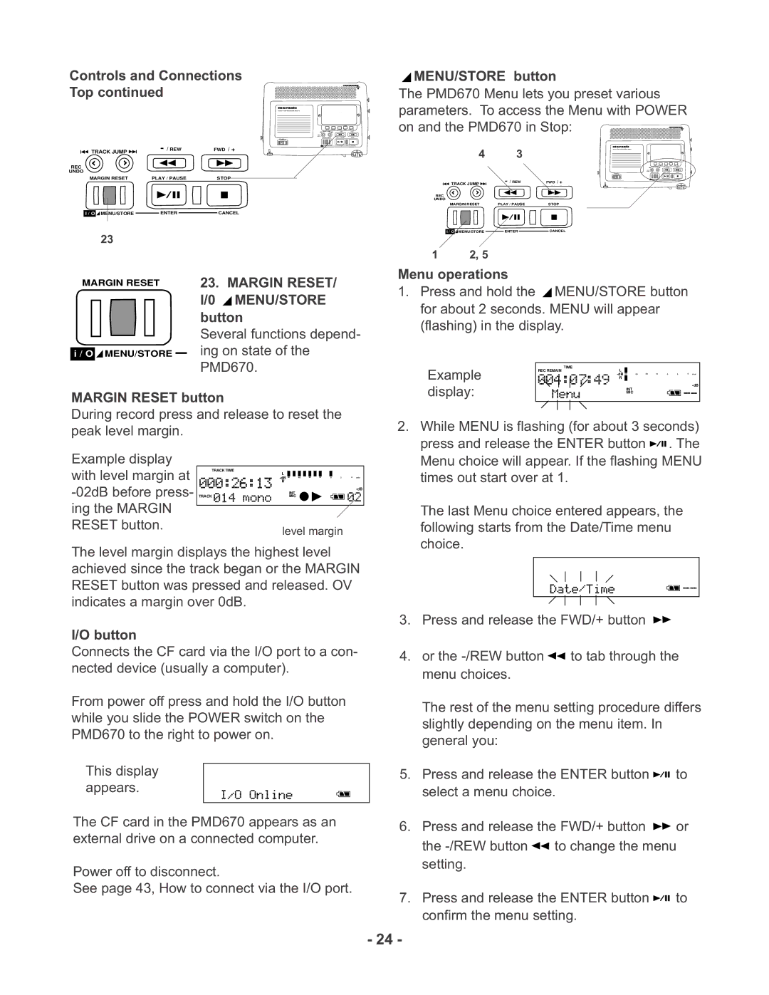 Marantz PMD670 Margin RESET/ I/0 MENU/STORE button, Menu operations, Margin Reset button, With level margin at, Button 