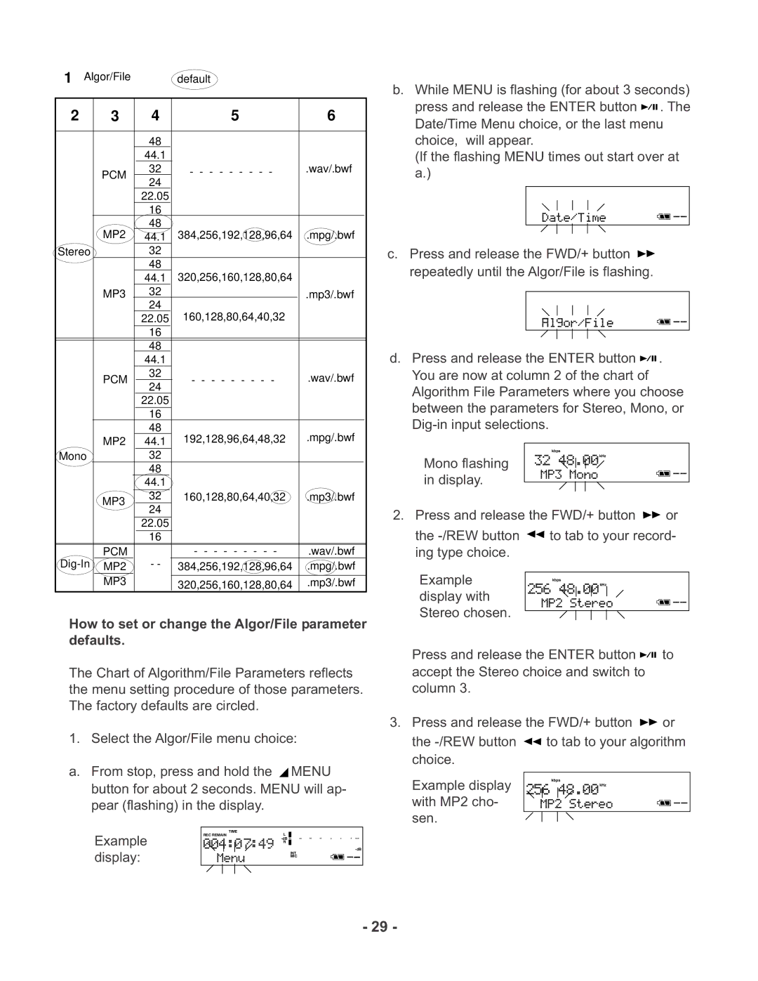 Marantz PMD670 manual How to set or change the Algor/File parameter defaults 