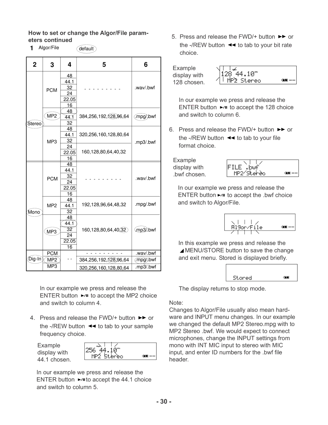 Marantz PMD670 manual How to set or change the Algor/File param- eters 