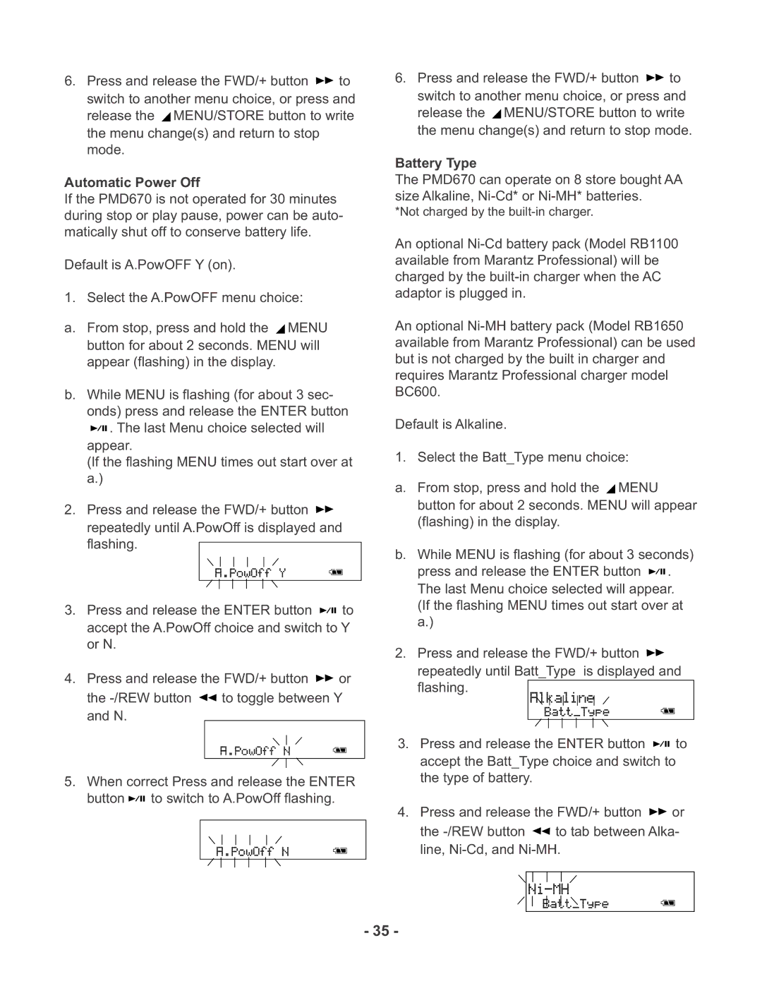 Marantz PMD670 manual Automatic Power Off, Battery Type 