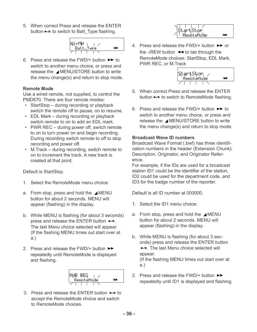 Marantz PMD670 manual Remote Mode, Broadcast Wave ID numbers 