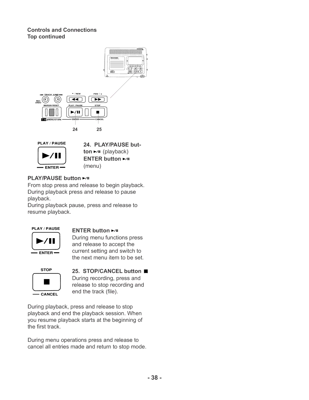 Marantz PMD670 manual PLAY/PAUSE button, Enter button 