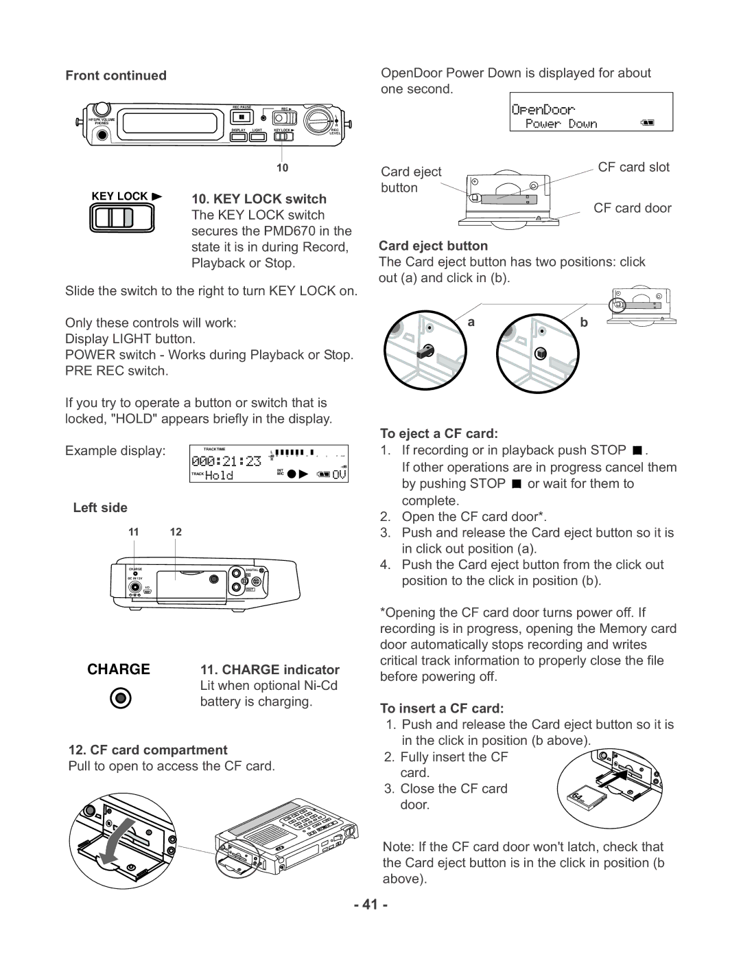 Marantz PMD670 KEY Lock switch, Charge 11. Charge indicator, CF card compartment, Card eject button, To eject a CF card 