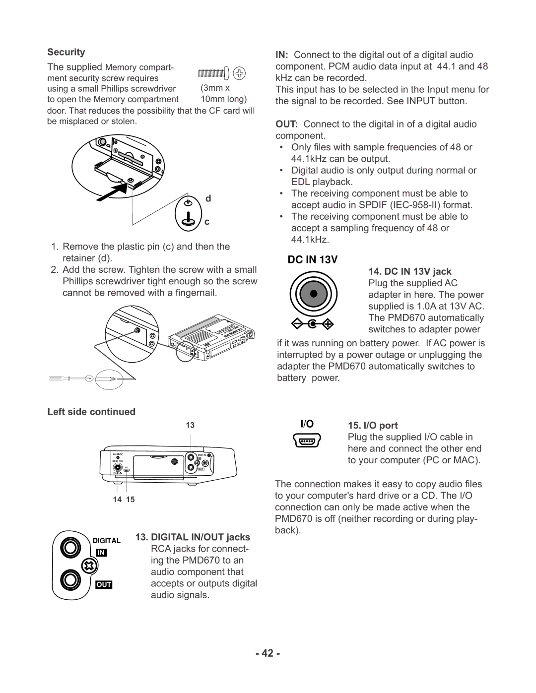 Marantz PMD670 manual Security, Digital IN/OUT jacks, 15. I/O port 