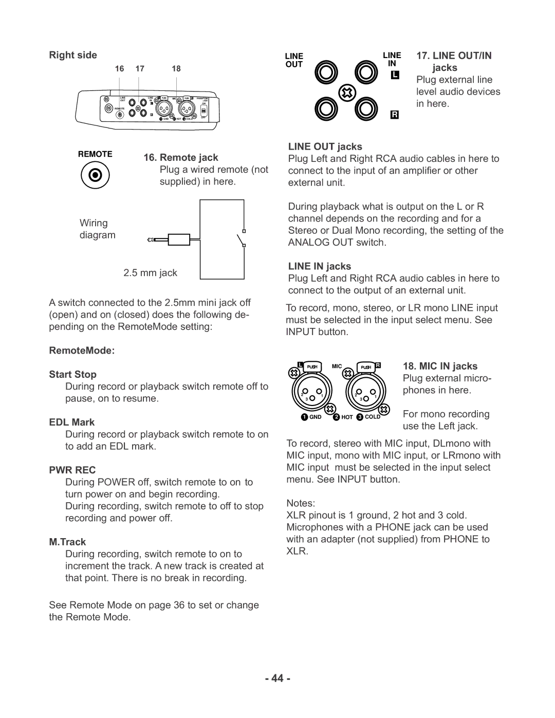 Marantz PMD670 manual Jacks, Line OUT jacks, Remote jack, RemoteMode, Line in jacks, Start Stop, EDL Mark, Track 