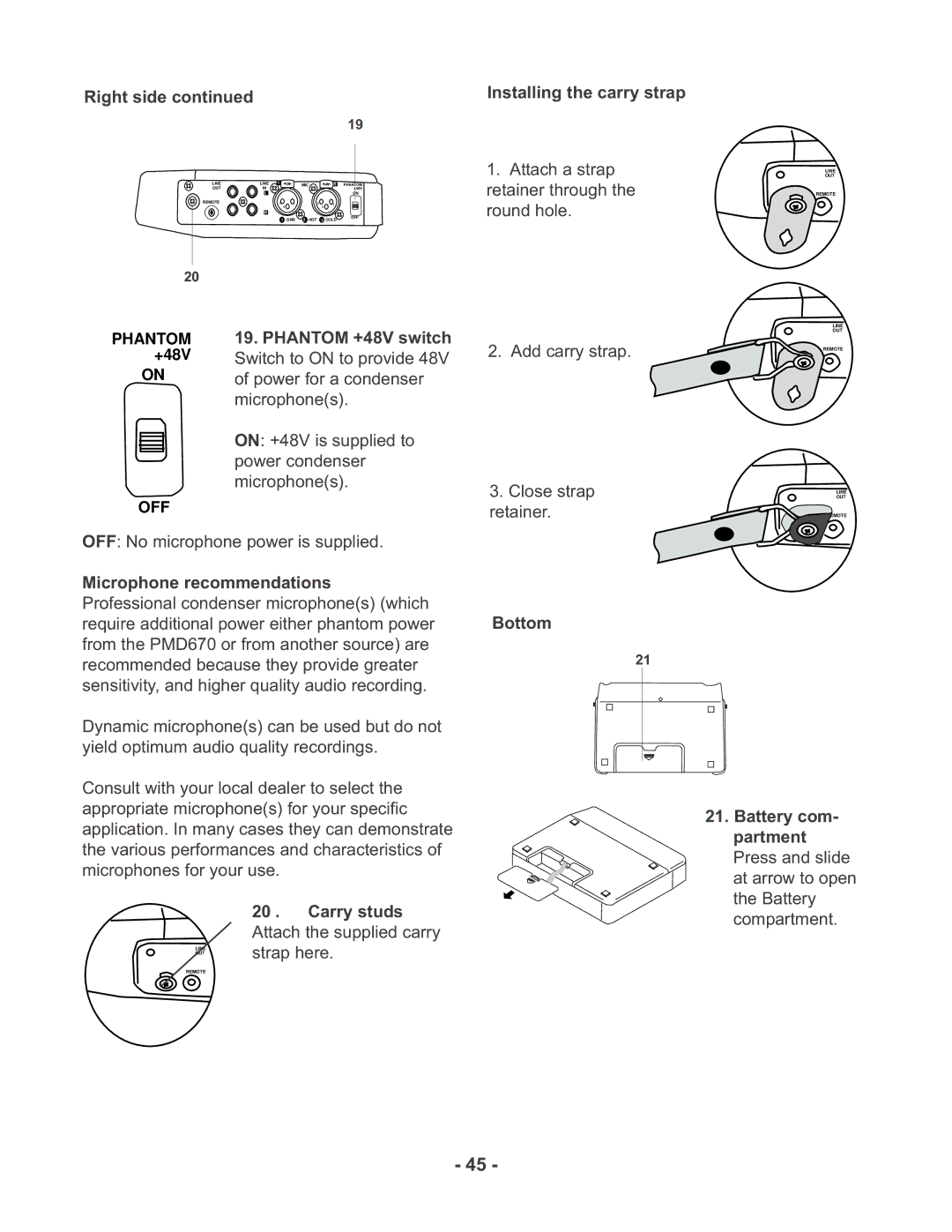 Marantz PMD670 manual Installing the carry strap, Bottom 