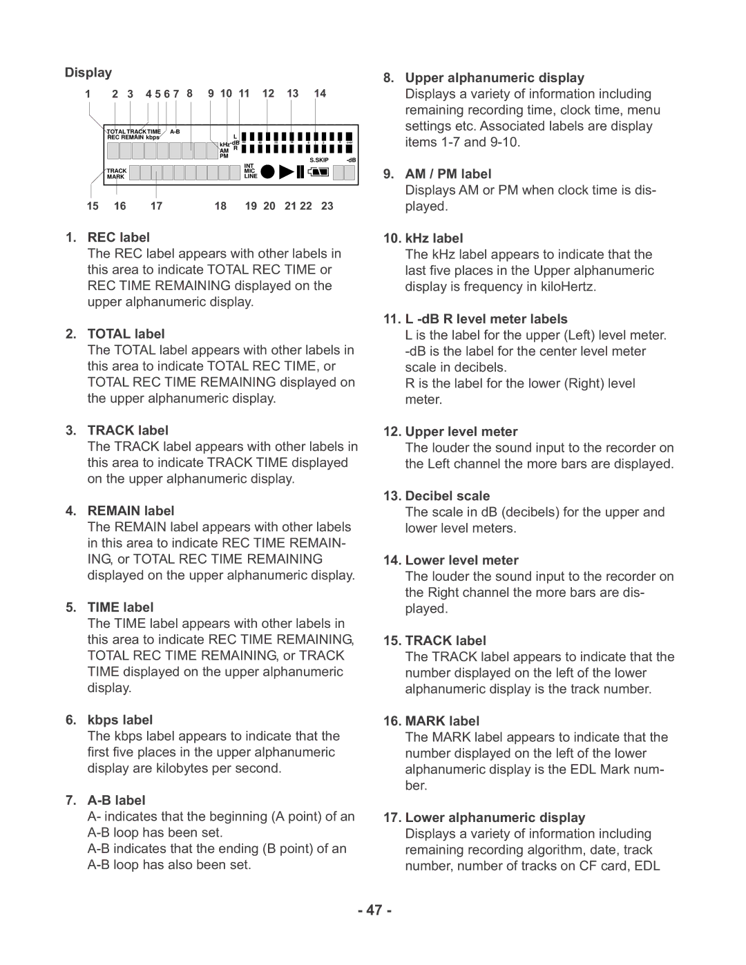 Marantz PMD670 manual REC label, Total label, Track label, Remain label, Time label, Kbps label, B label, AM / PM label 