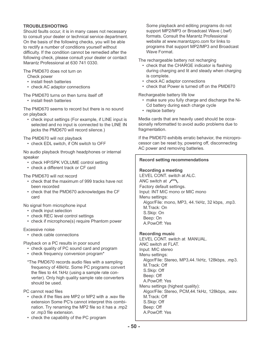 Marantz PMD670 manual Troubleshooting 