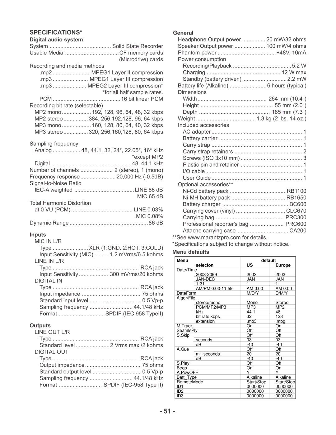 Marantz PMD670 manual Specifications 