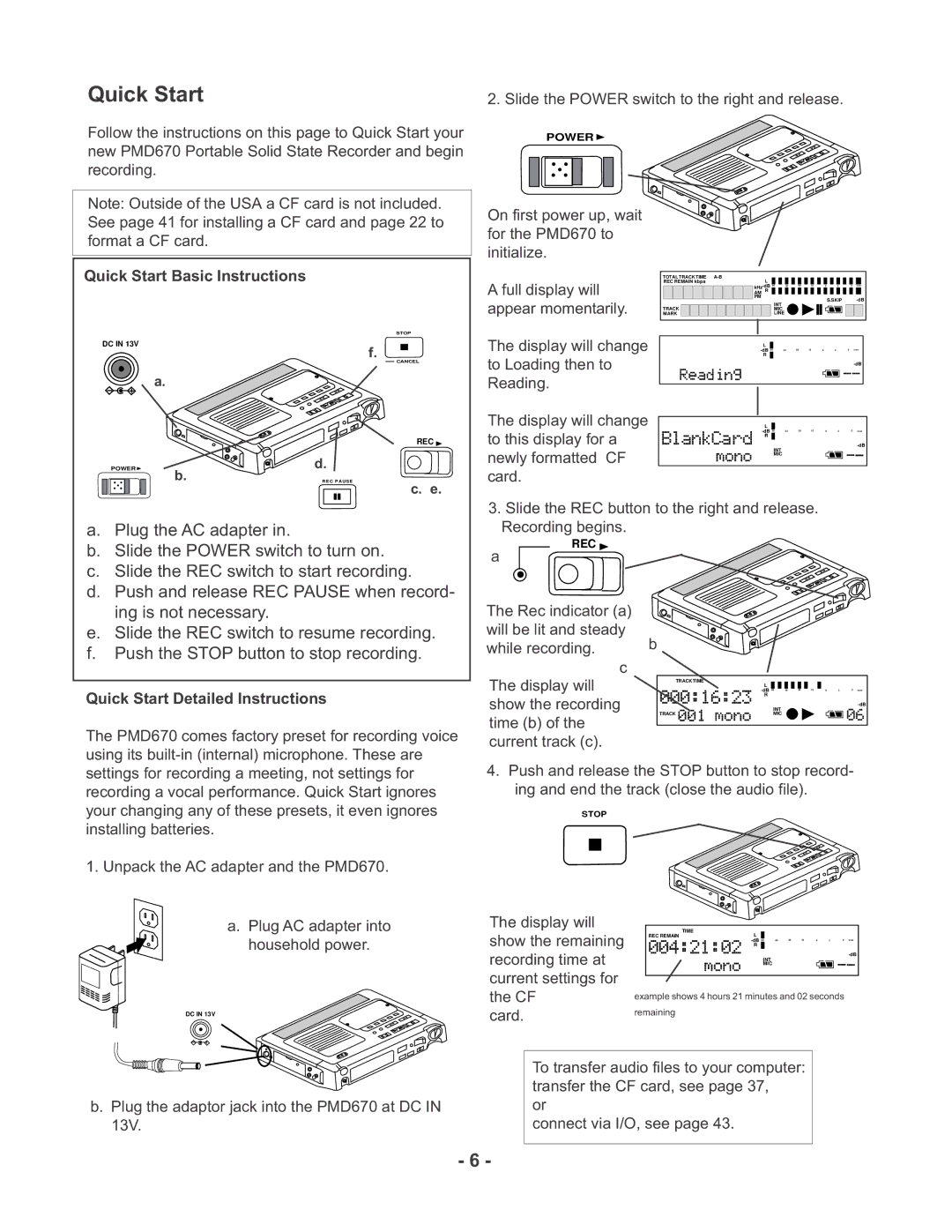 Marantz PMD670 manual Quick Start 