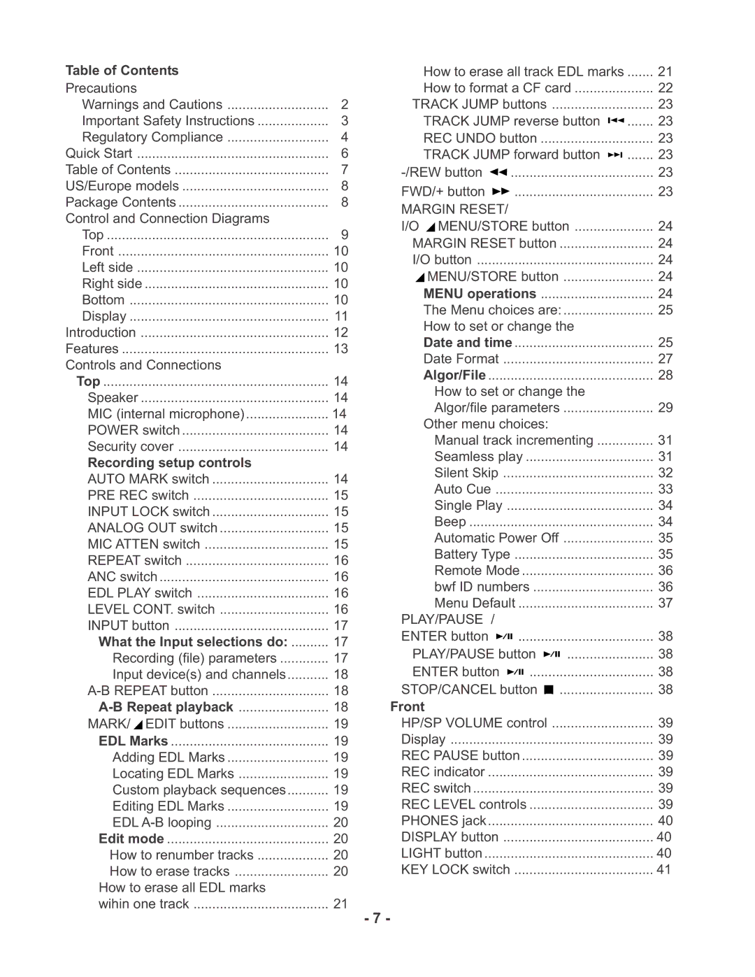 Marantz PMD670 manual Table of Contents, Recording setup controls, What the Input selections do 