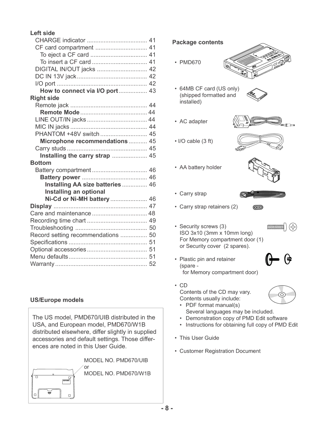 Marantz PMD670 manual Left side, How to connect via I/O port Right side, Microphone recommendations, US/Europe models 