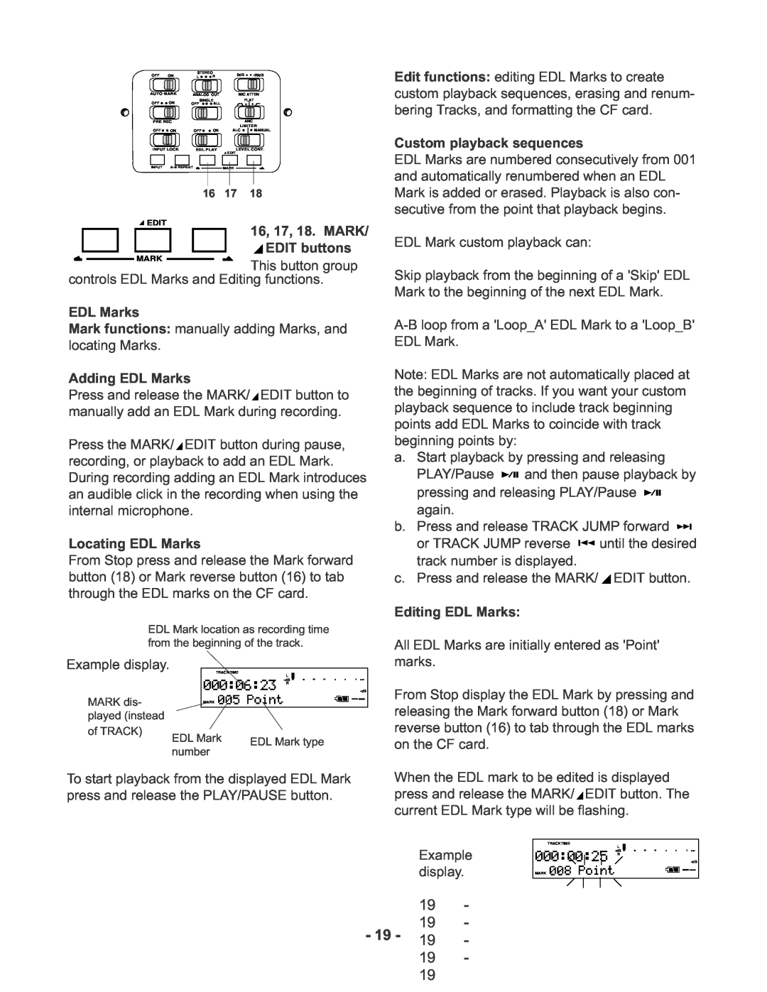 Marantz PMD670 manual Custom playback sequences, 16, 17, 18. MARK/ EDIT buttons, Adding EDL Marks, Locating EDL Marks 