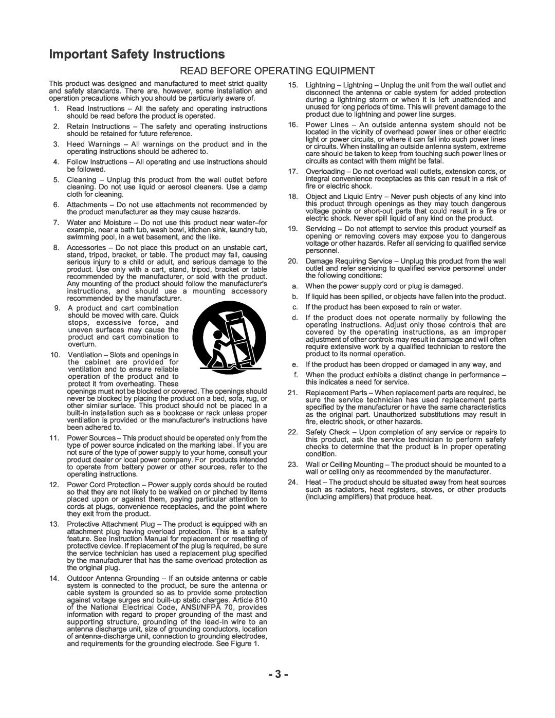 Marantz PMD670 manual Important Safety Instructions, Read Before Operating Equipment 