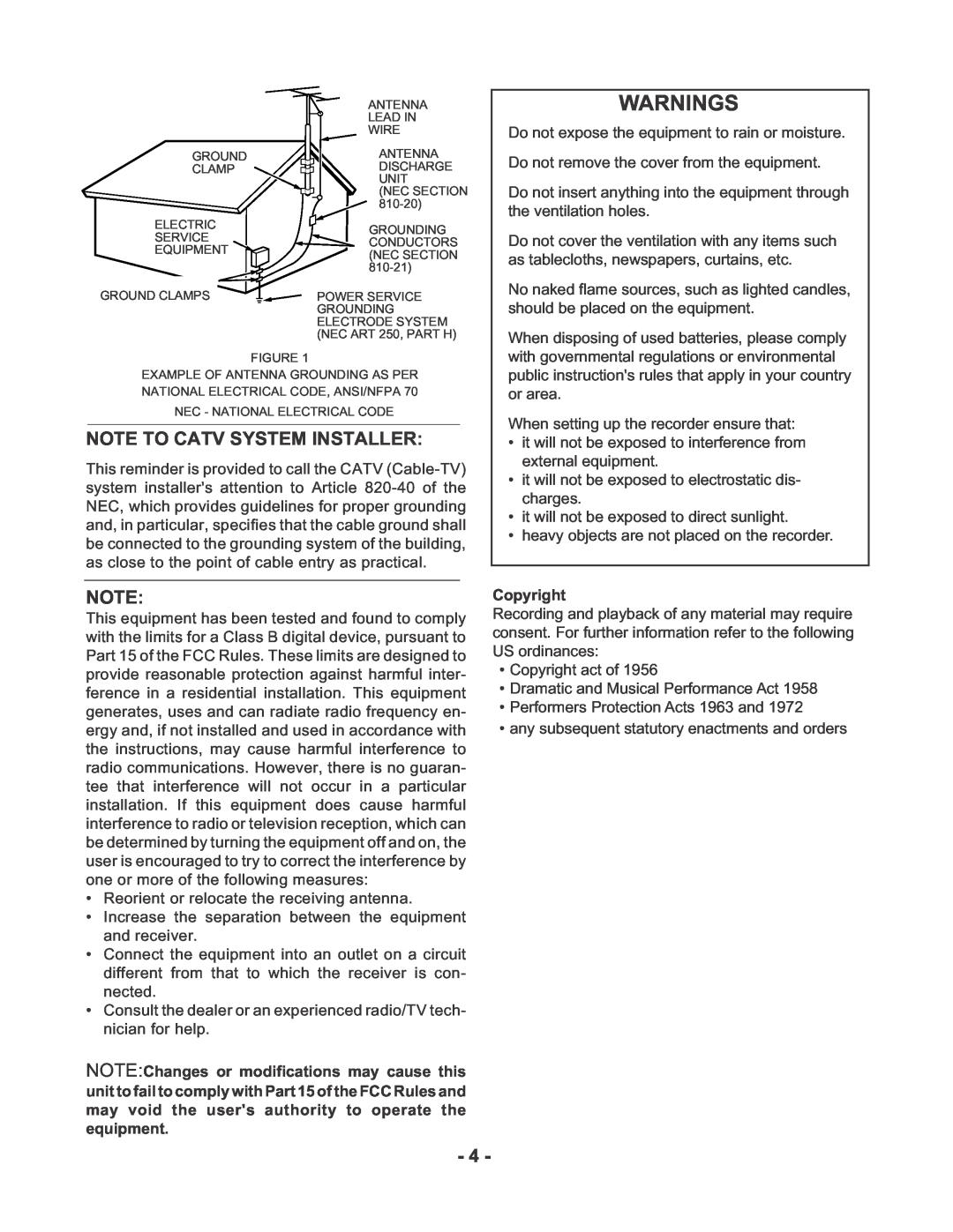Marantz PMD670 manual Warnings, Note To Catv System Installer, Copyright 