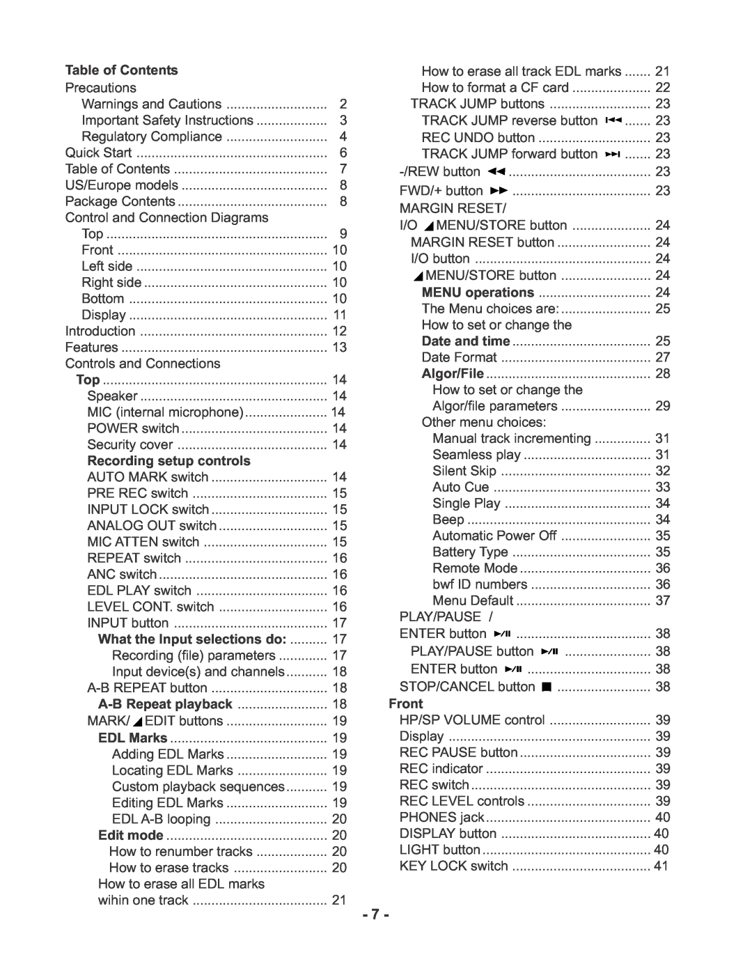 Marantz PMD670 manual Table of Contents, Recording setup controls, What the Input selections do 