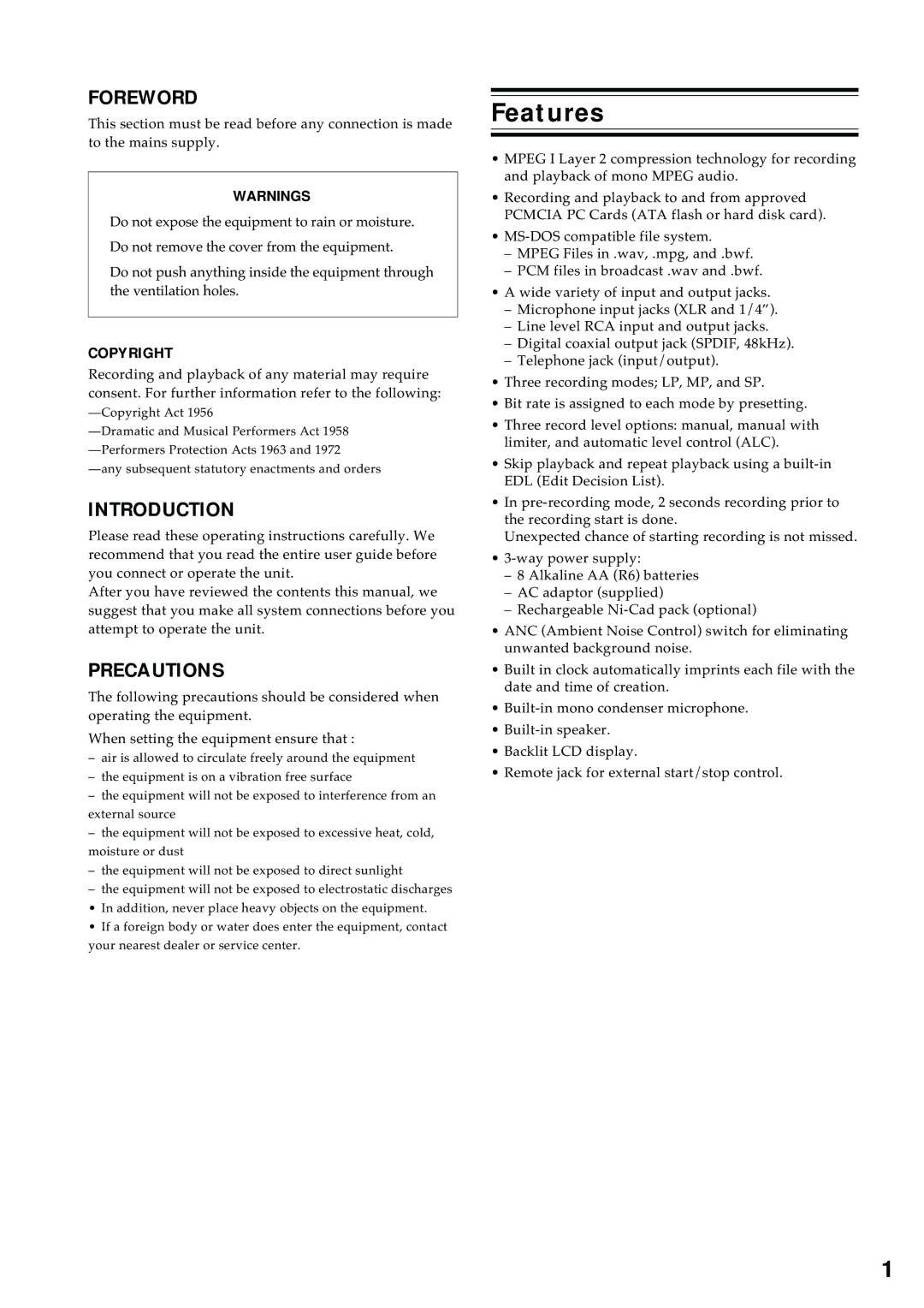 Marantz PMD680 manual Features, Foreword, Introduction, Precautions 