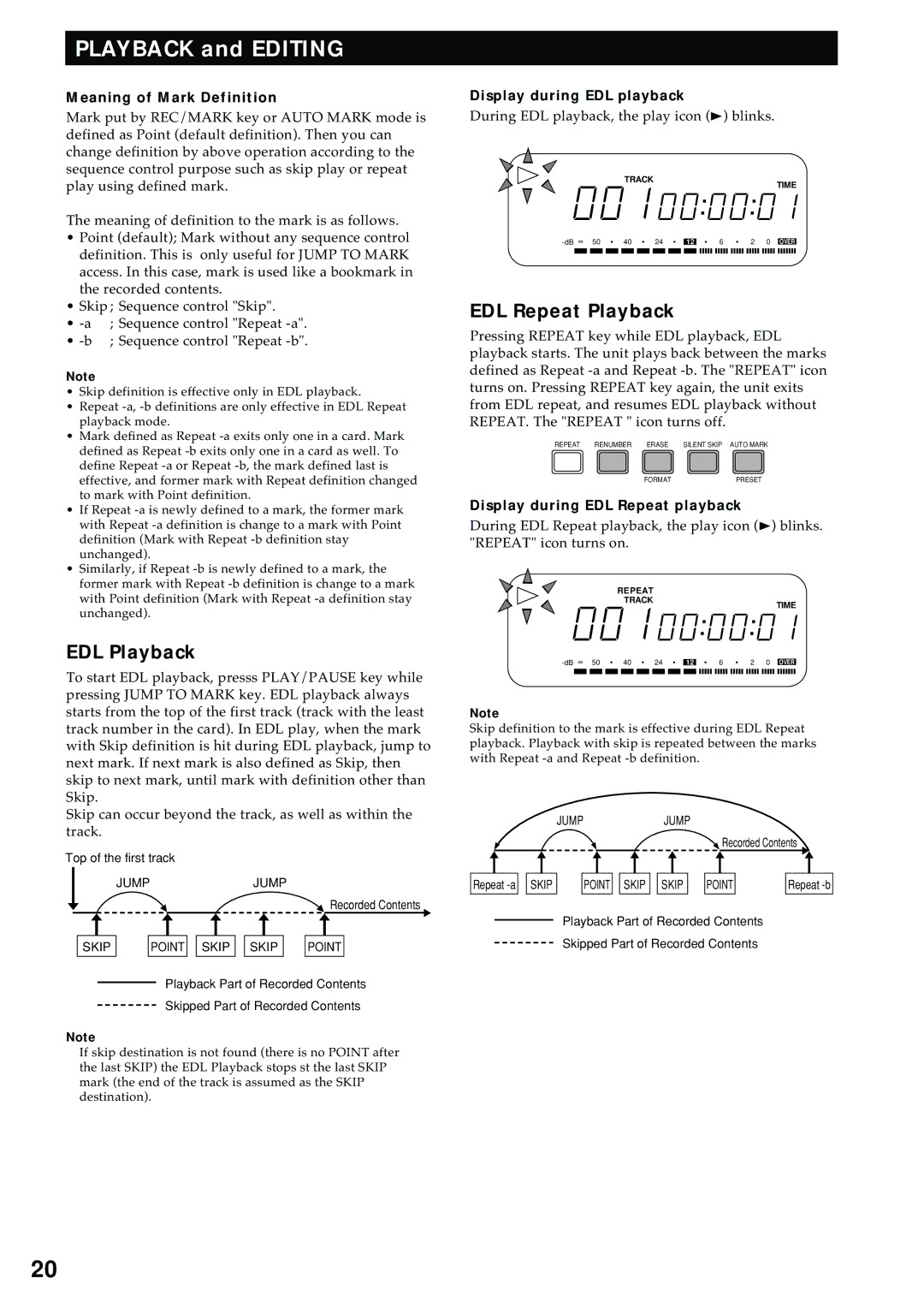 Marantz PMD680 manual EDL Playback, EDL Repeat Playback, Meaning of Mark Definition, Display during EDL playback 