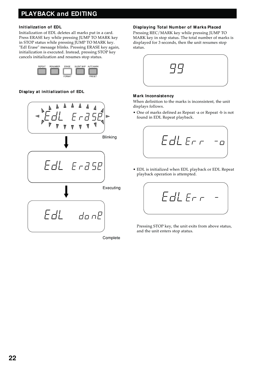 Marantz PMD680 manual Initialization of EDL, Displaying Total Number of Marks Placed, Display at initialization of EDL 