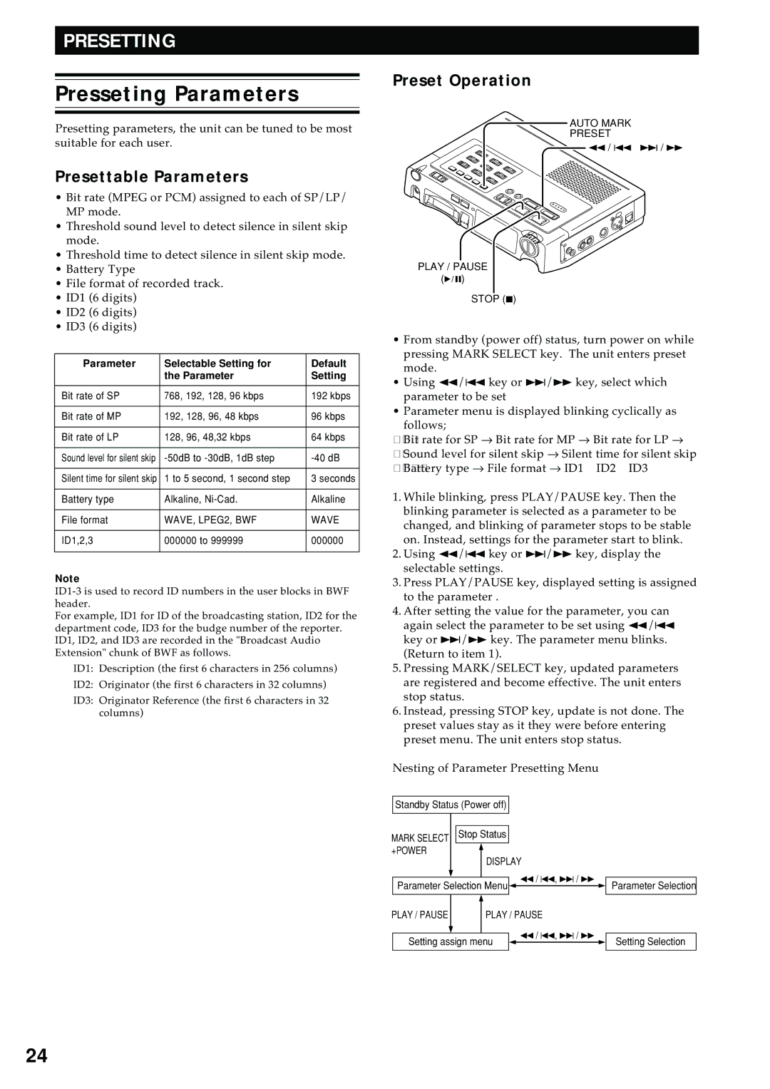 Marantz PMD680 manual Presseting Parameters, Presettable Parameters, Preset Operation 