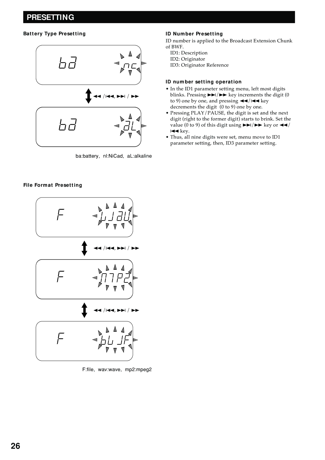 Marantz PMD680 manual Battery Type Presetting, File Format Presetting, ID Number Presetting, ID number setting operation 