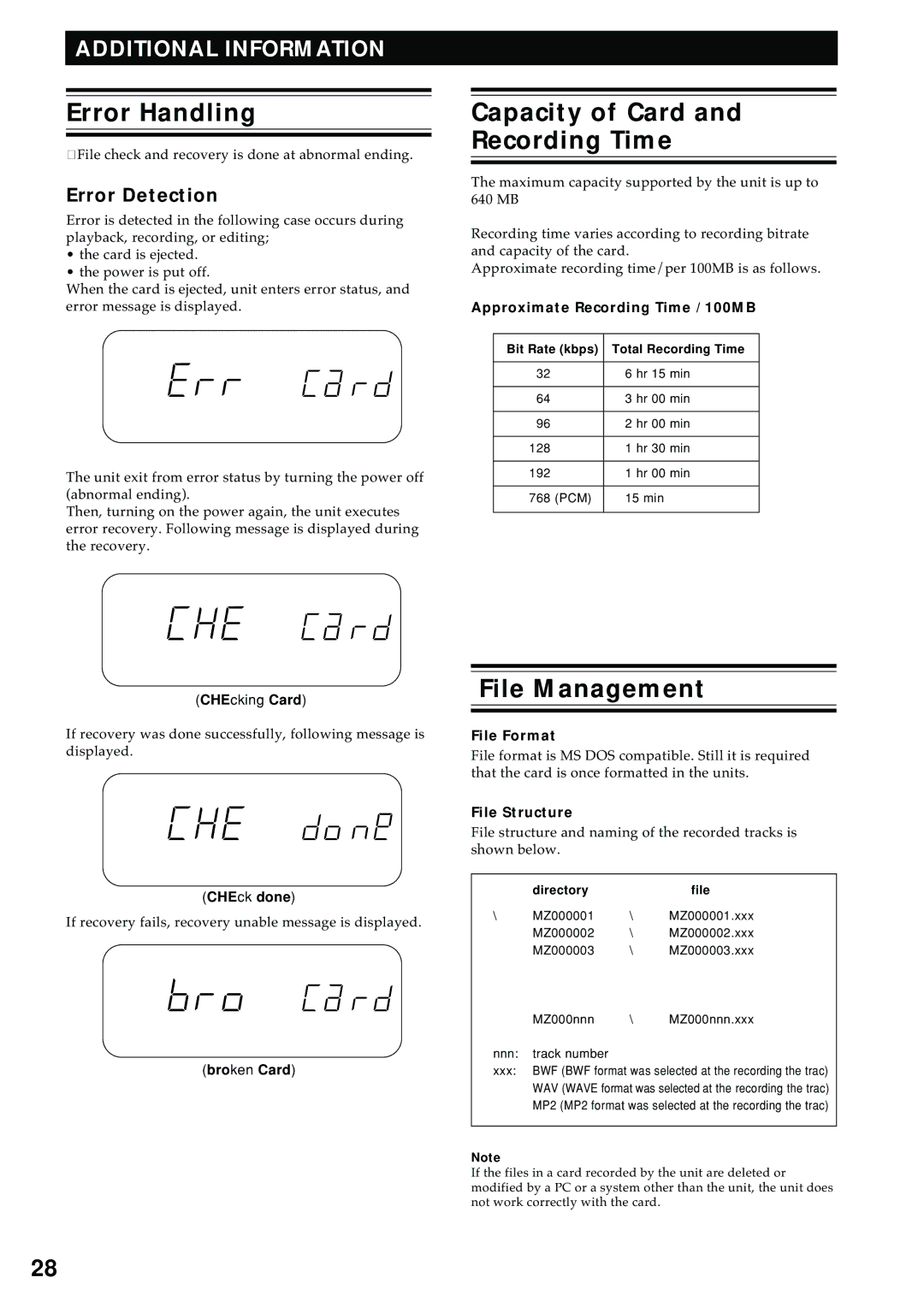 Marantz PMD680 manual Error Handling, Capacity of Card and Recording Time, File Management, Error Detection 