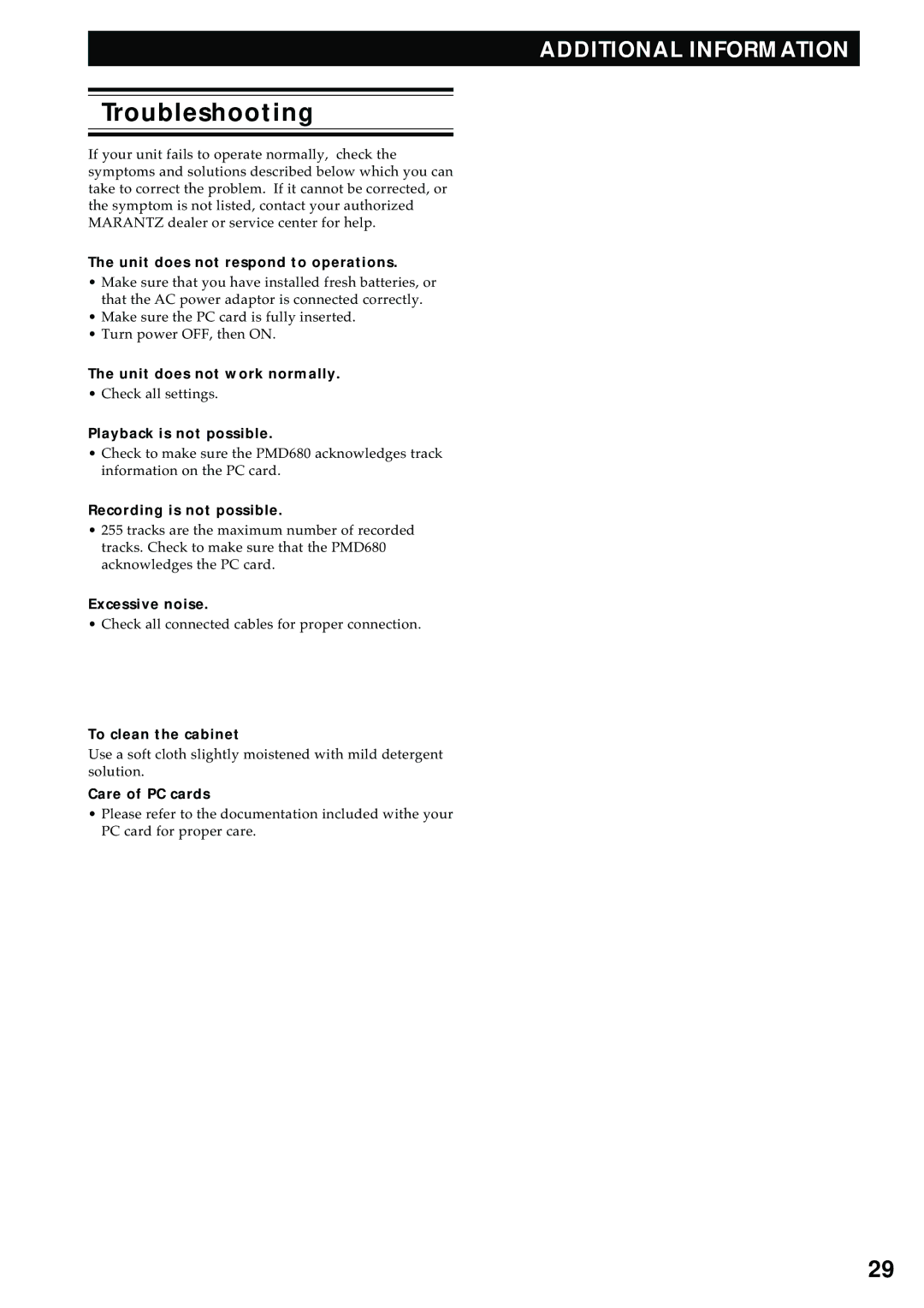 Marantz PMD680 manual Troubleshooting 