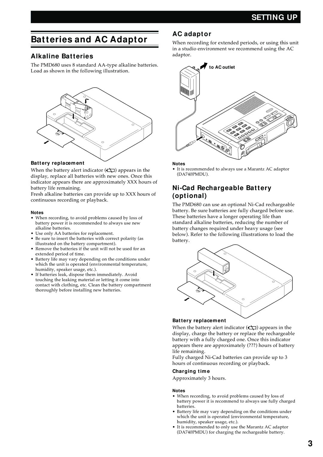 Marantz PMD680 manual Batteries and AC Adaptor, Alkaline Batteries, AC adaptor, Ni-Cad Rechargeable Battery optional 