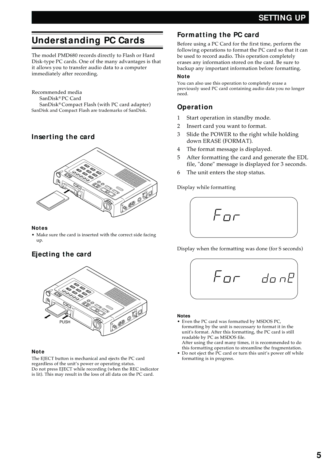 Marantz PMD680 manual Understanding PC Cards, Inserting the card Formatting the PC card, Operation, Ejecting the card 