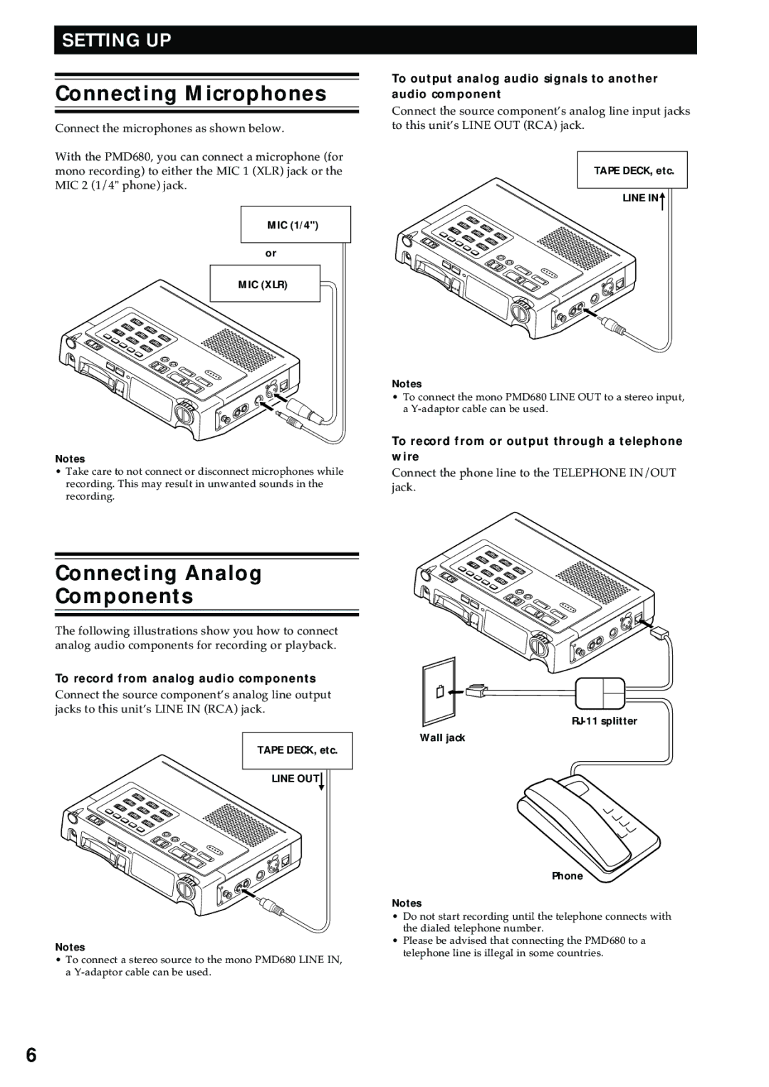 Marantz PMD680 Connecting Microphones, Connecting Analog Components, To record from or output through a telephone wire 