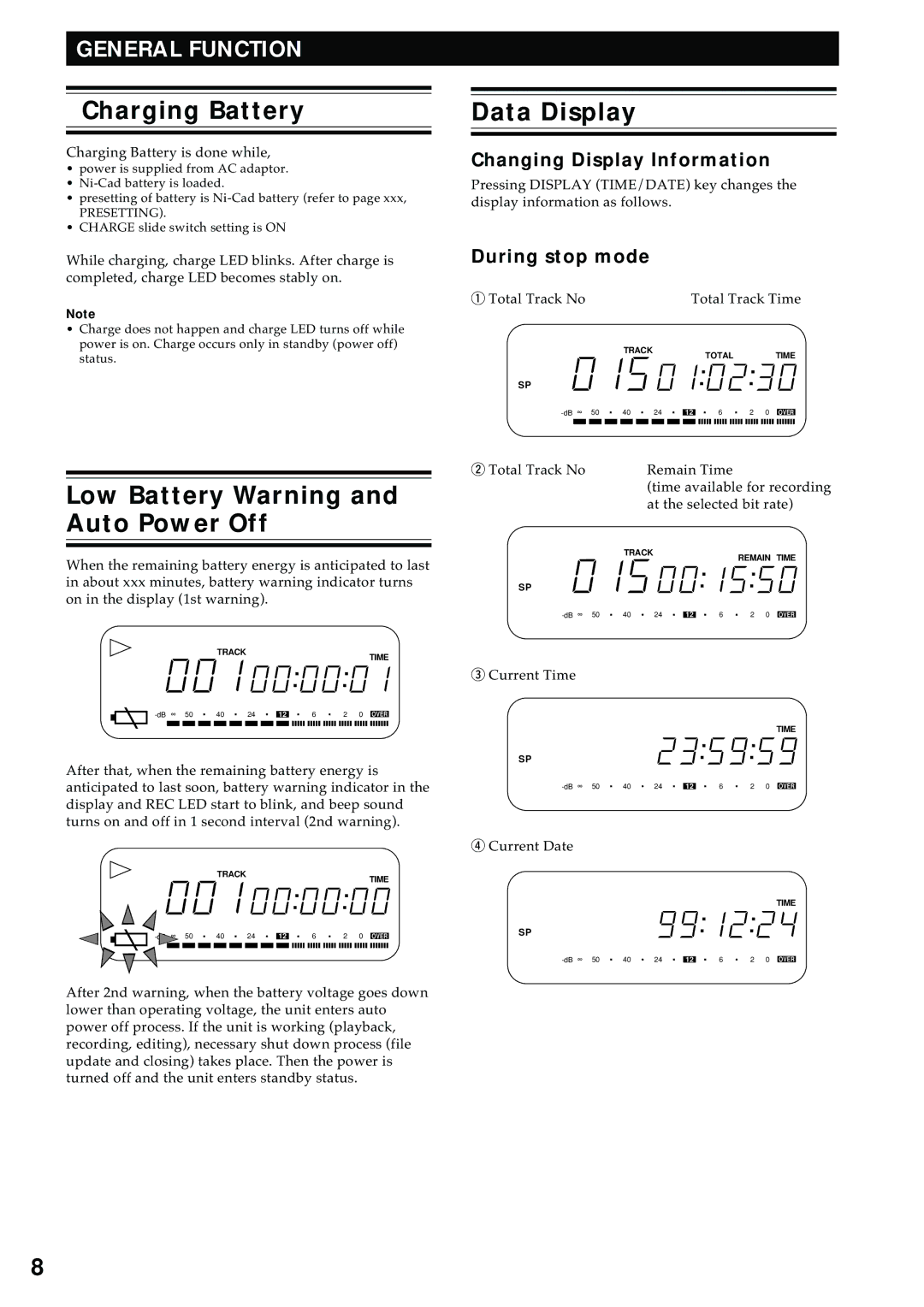 Marantz PMD680 manual Charging Battery, Data Display, Low Battery Warning and Auto Power Off, Changing Display Information 