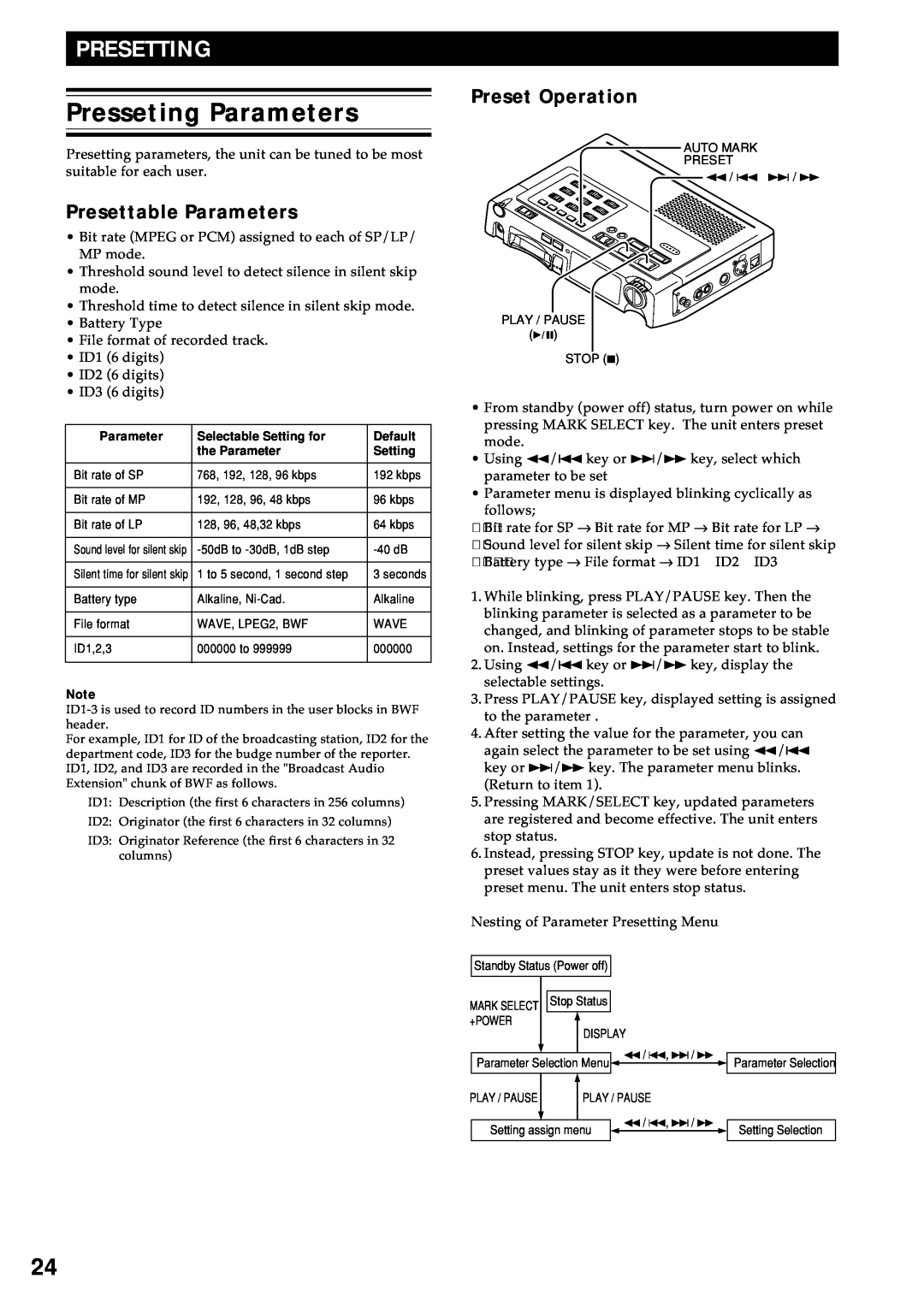 Marantz PMD680 manual Presseting Parameters, Presetting 