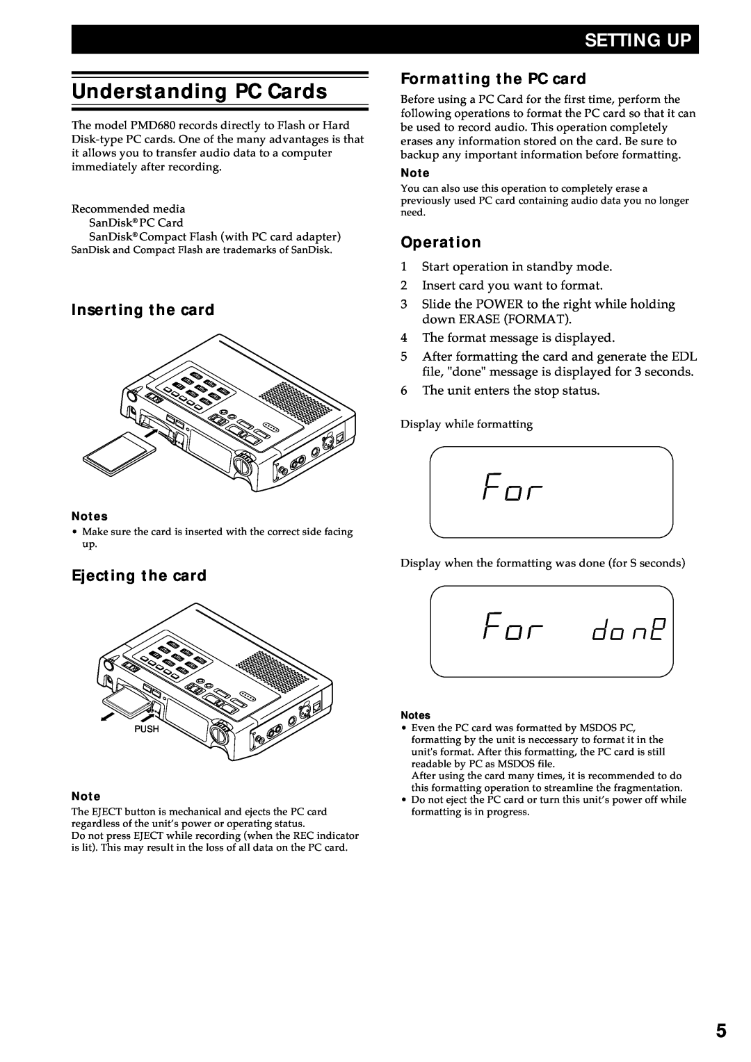 Marantz PMD680 manual Understanding PC Cards, Setting Up, Inserting the card, Formatting the PC card, Operation 