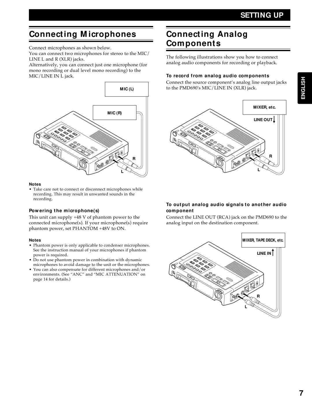 Marantz PMD690 manual Connecting Microphones, Connecting Analog Components, To record from analog audio components 