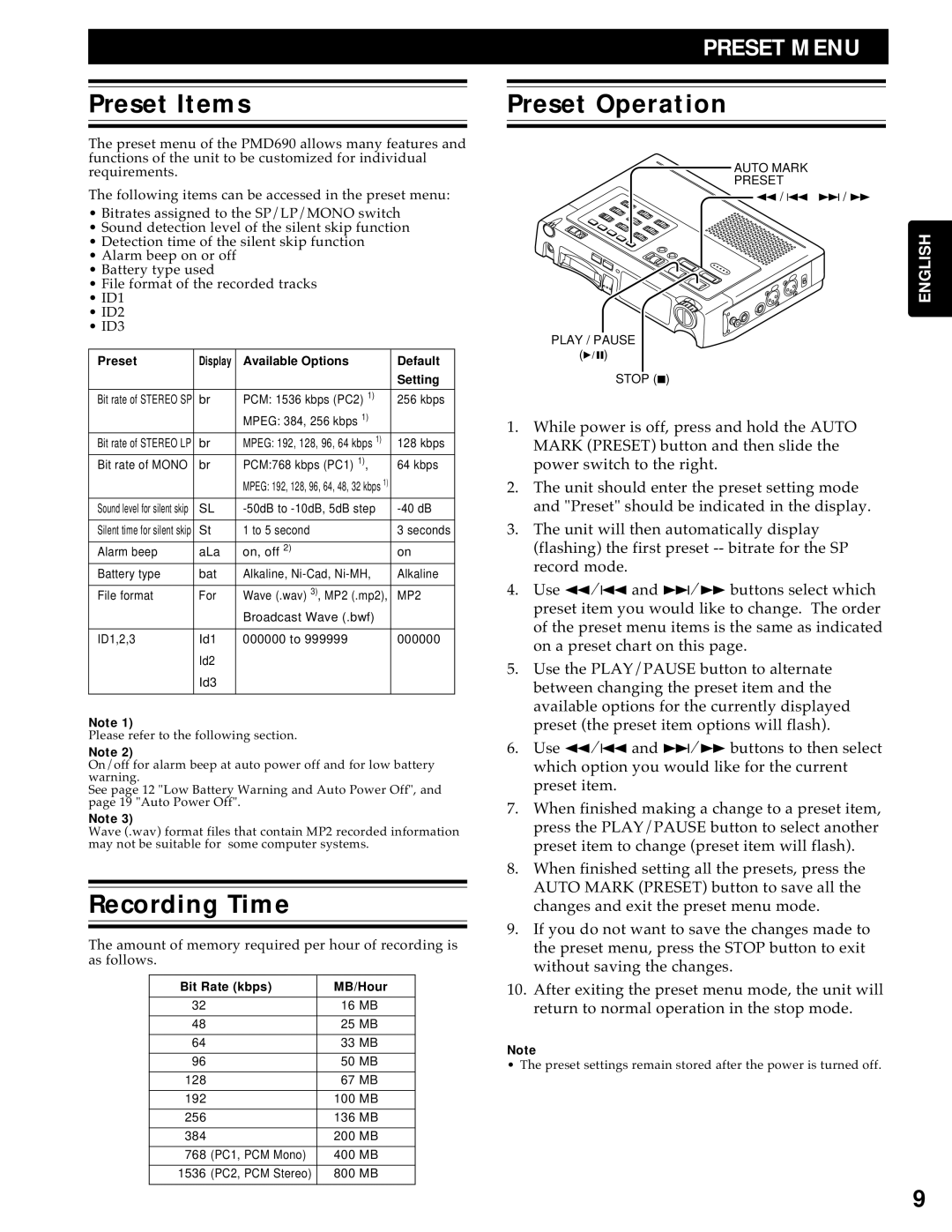 Marantz PMD690 manual Preset Items, Recording Time, Preset Operation 