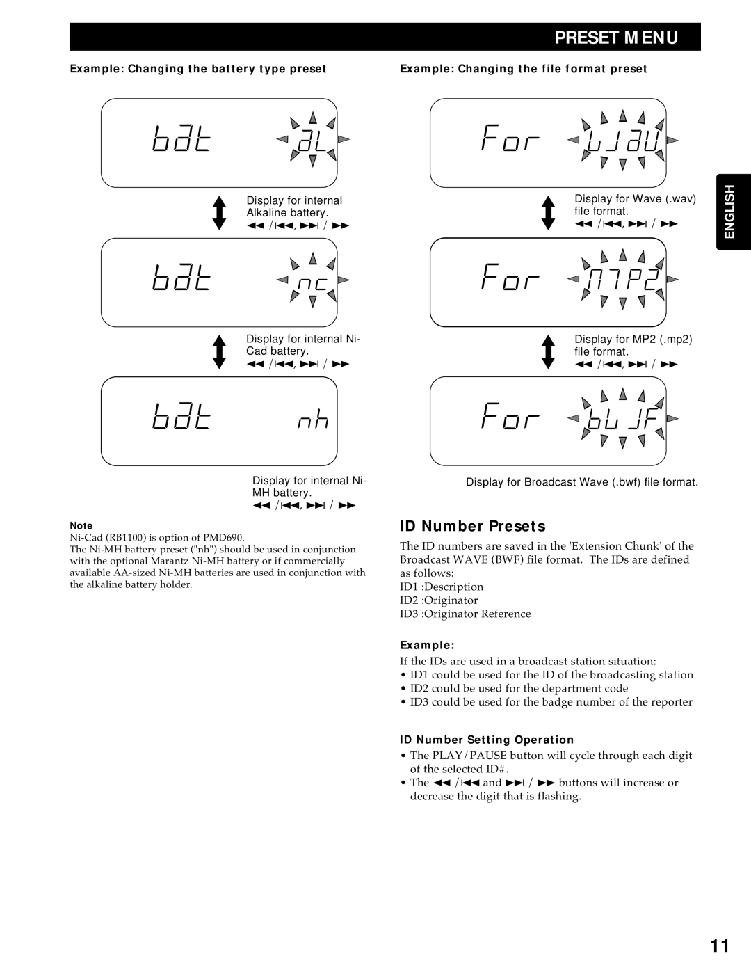 Marantz PMD690 manual ID Number Presets, Example, ID Number Setting Operation 