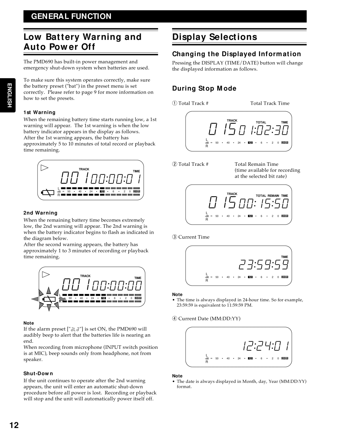 Marantz PMD690 manual Low Battery Warning and Auto Power Off, Display Selections, Changing the Displayed Information 