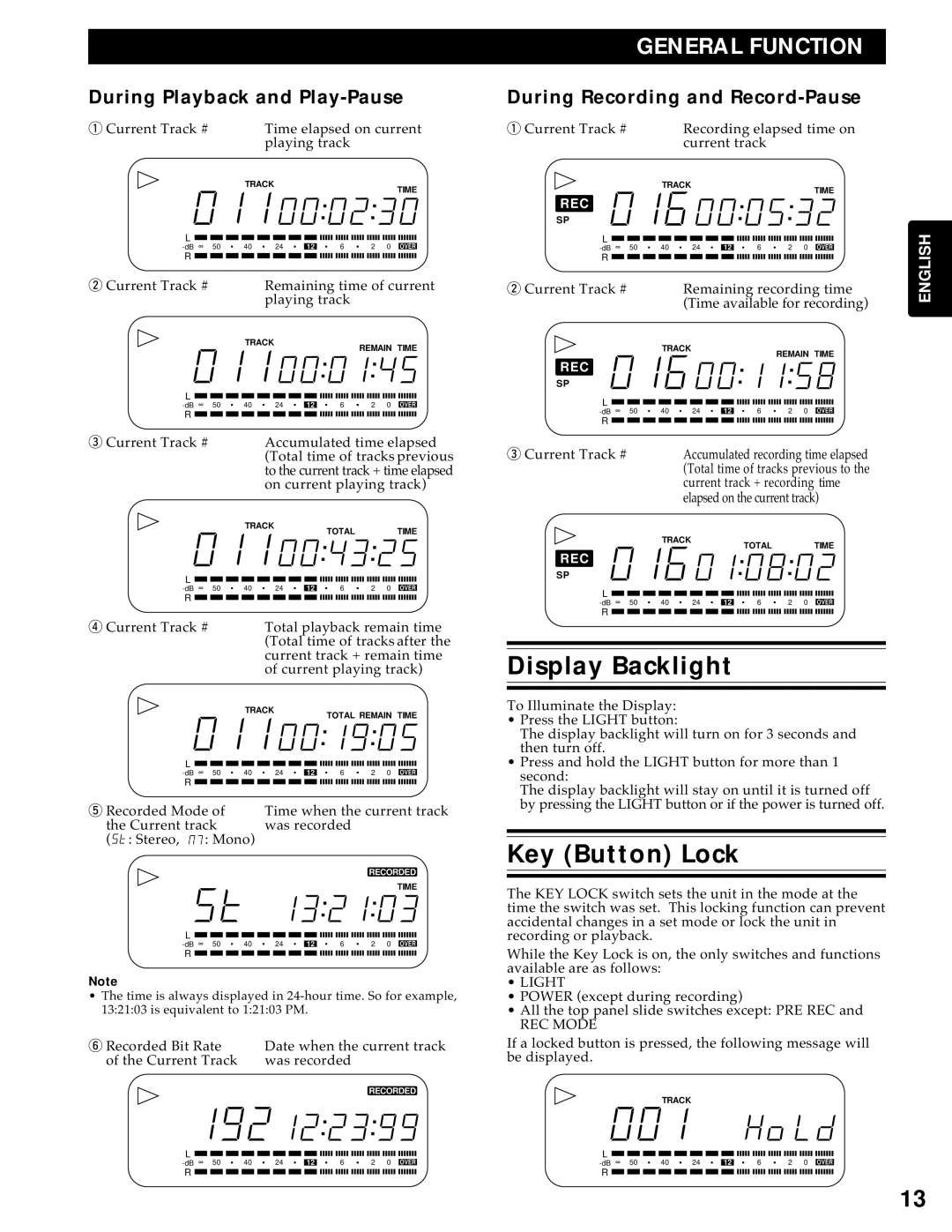 Marantz PMD690 manual Display Backlight, Key Button Lock, During Playback and Play-Pause, During Recording and Record-Pause 