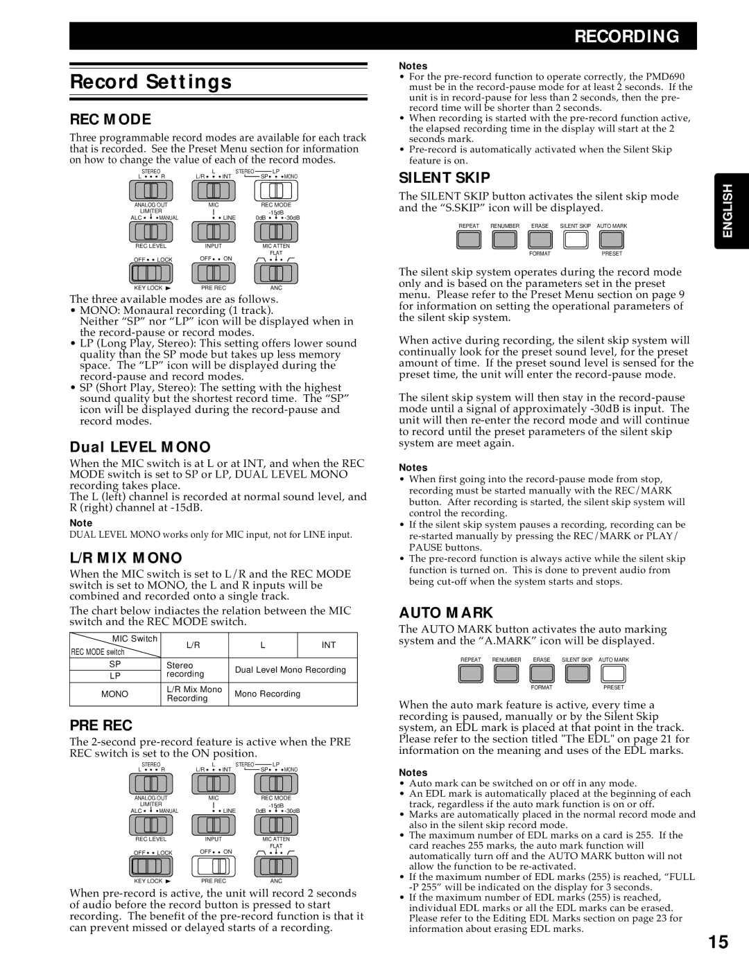 Marantz PMD690 manual Record Settings, Dual Level Mono 