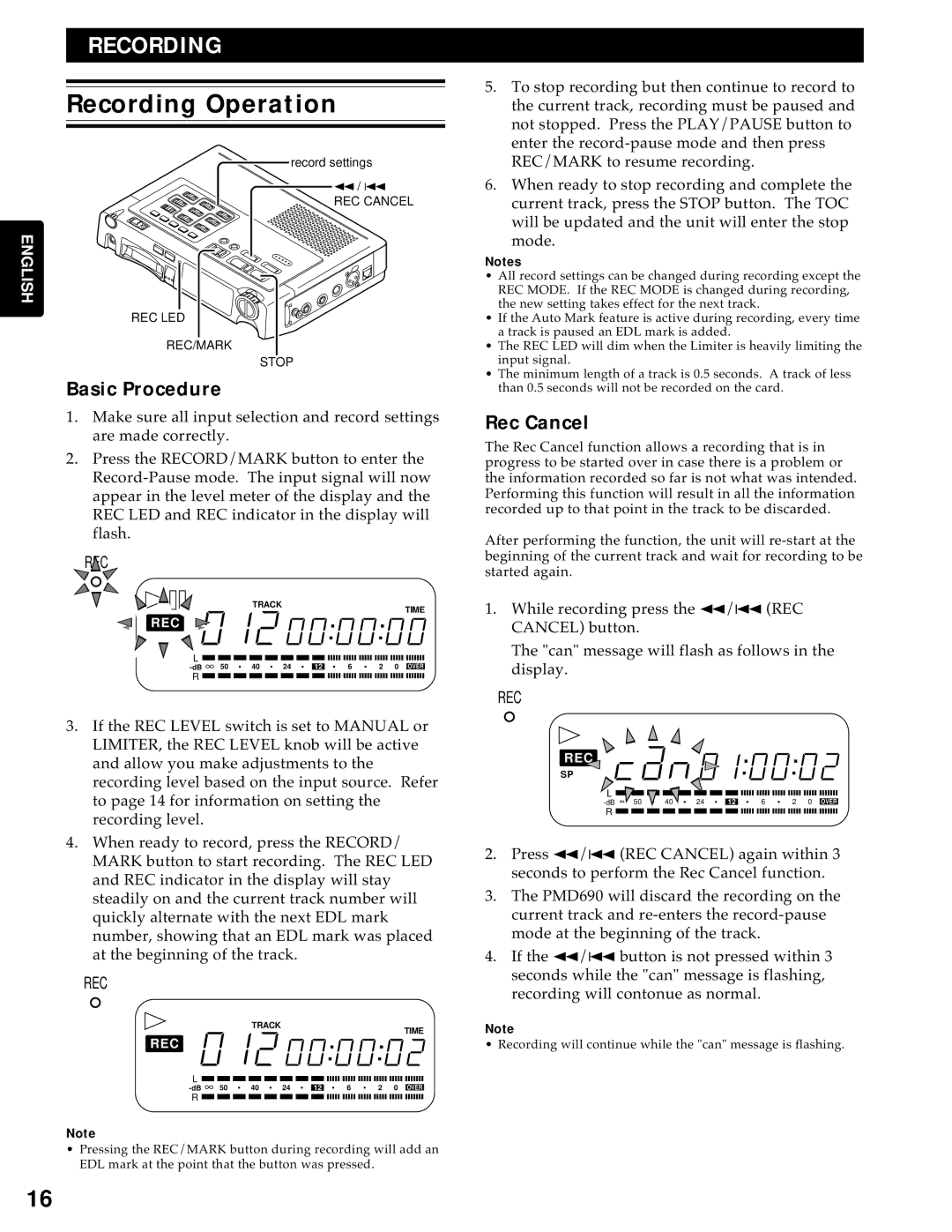 Marantz PMD690 manual Recording Operation, Basic Procedure, Rec Cancel 