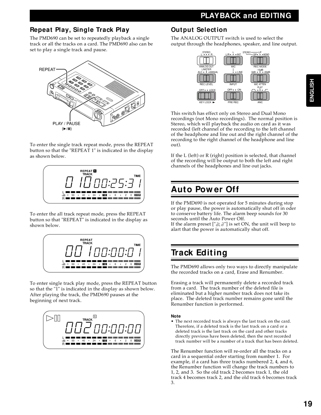 Marantz PMD690 manual Auto Power Off, Track Editing, Repeat Play, Single Track Play, Output Selection 