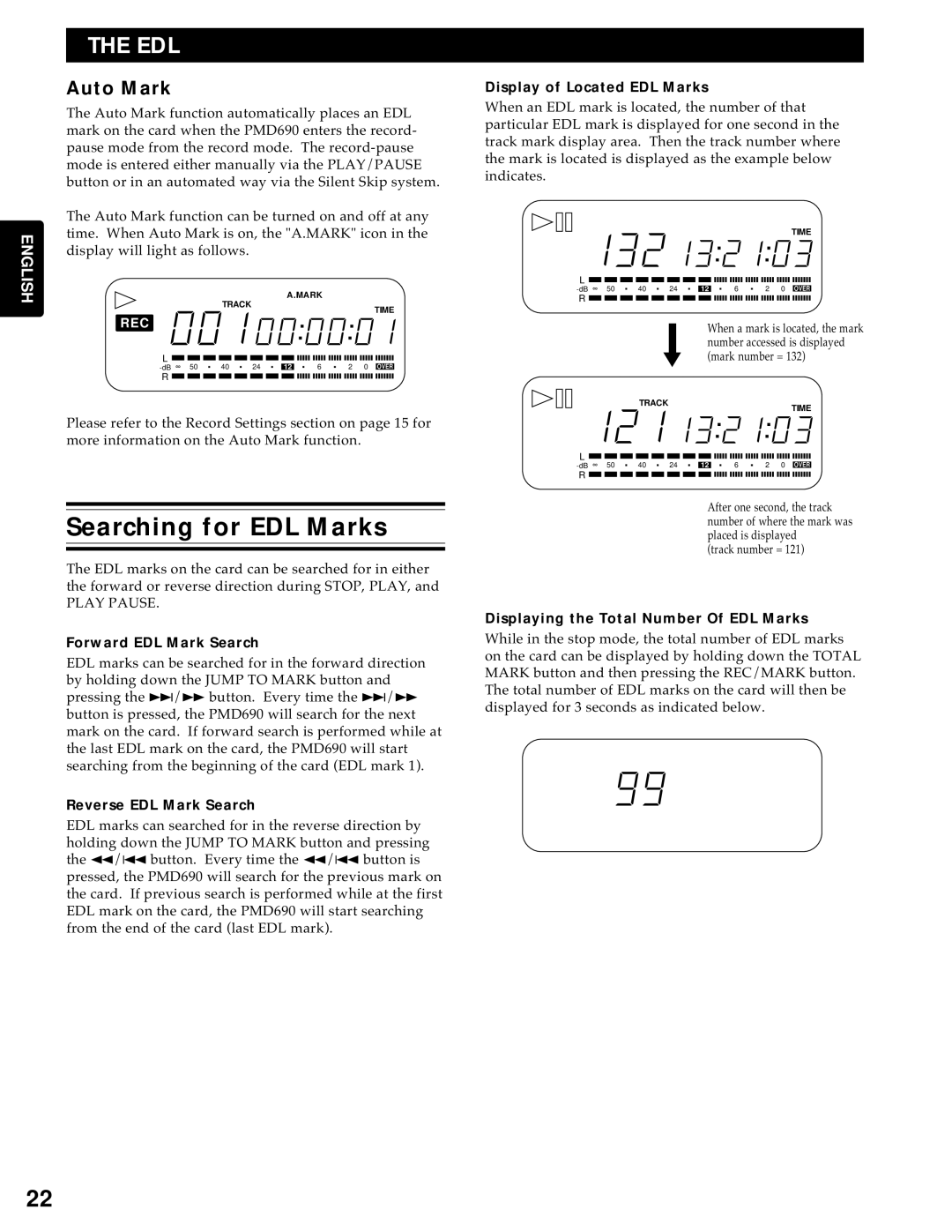 Marantz PMD690 manual Searching for EDL Marks, Auto Mark 