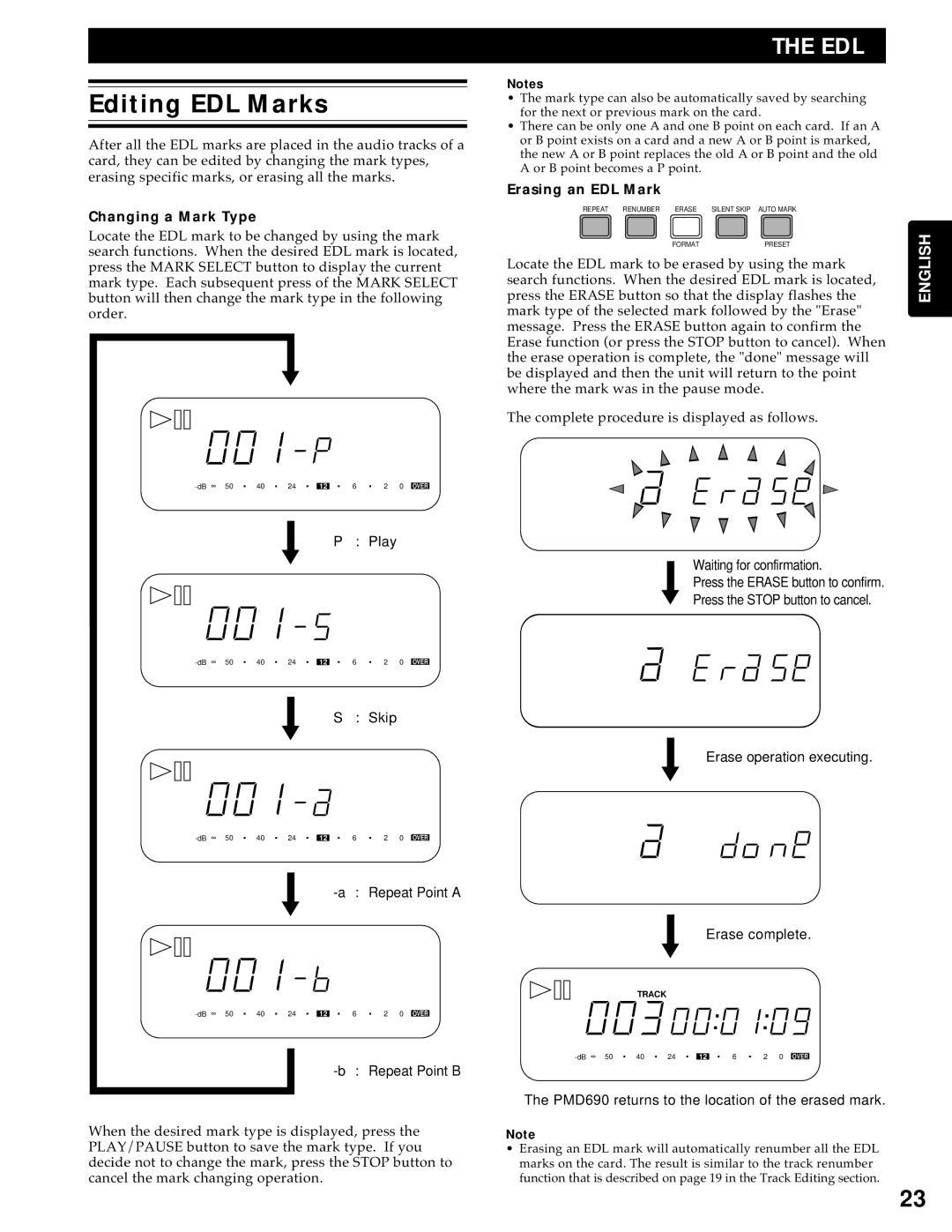 Marantz PMD690 manual Editing EDL Marks, Changing a Mark Type, Erasing an EDL Mark 