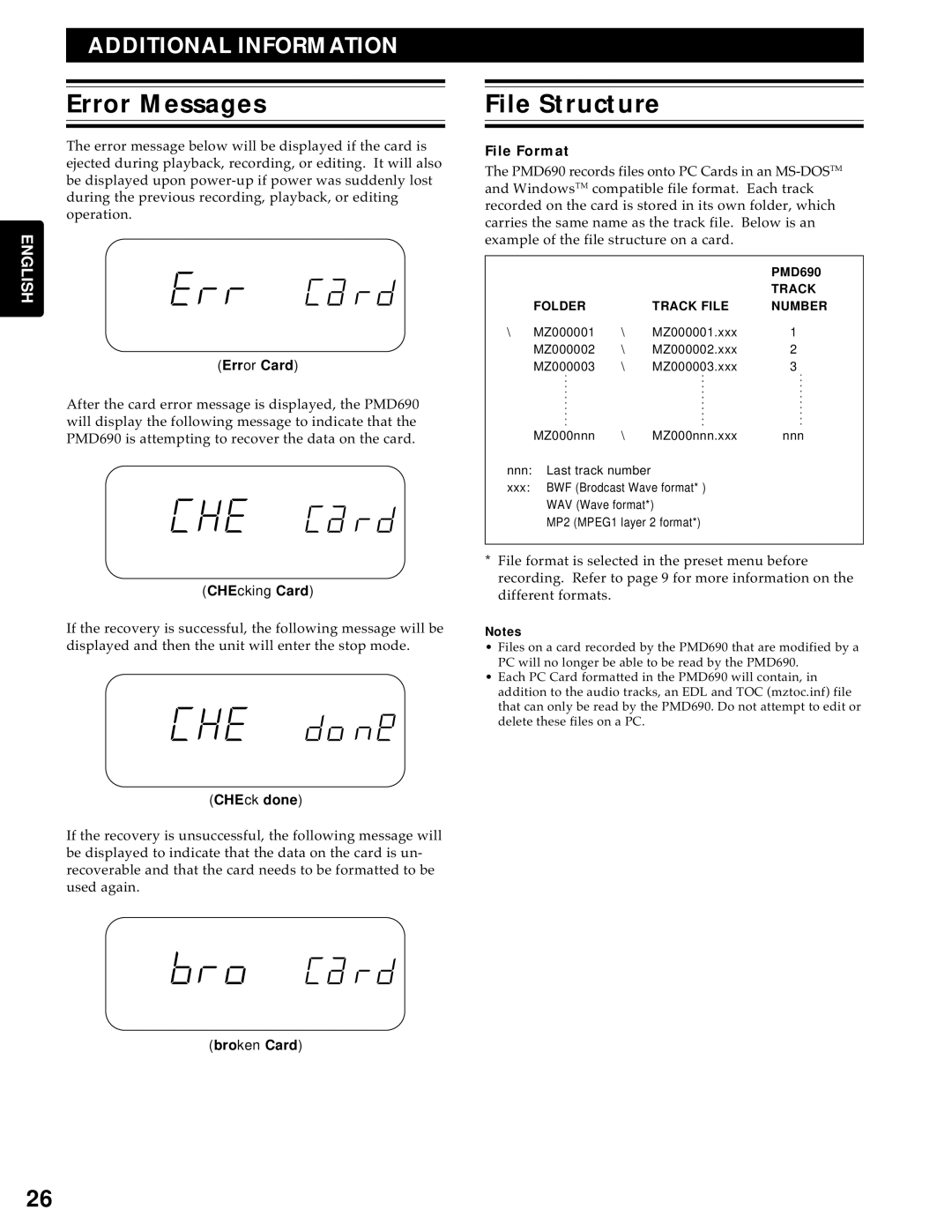 Marantz PMD690 manual Error Messages, File Structure, File Format 